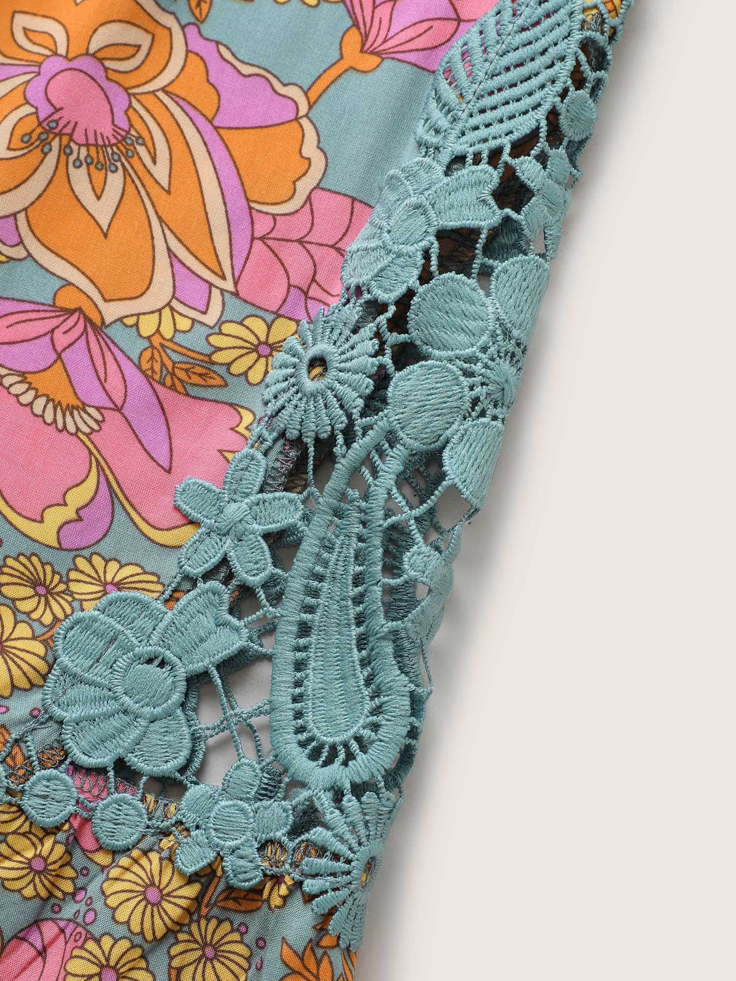 Plus Size Stone Boho Print Guipure Lace Ruffles Blouse Women Resort Elbow-length sleeve V-neck Vacation Blouses BloomChic 10/M 
