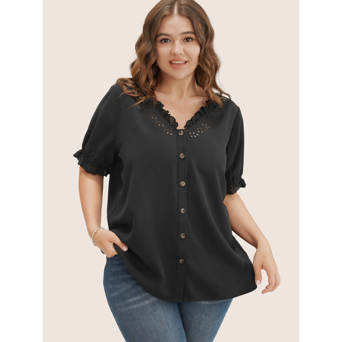 

Plus Size Black Solid Lace Trim Button Up Laser Cut Puff Sleeve Blouse Women Elegant Short sleeve V-neck Everyday Blouses BloomChic