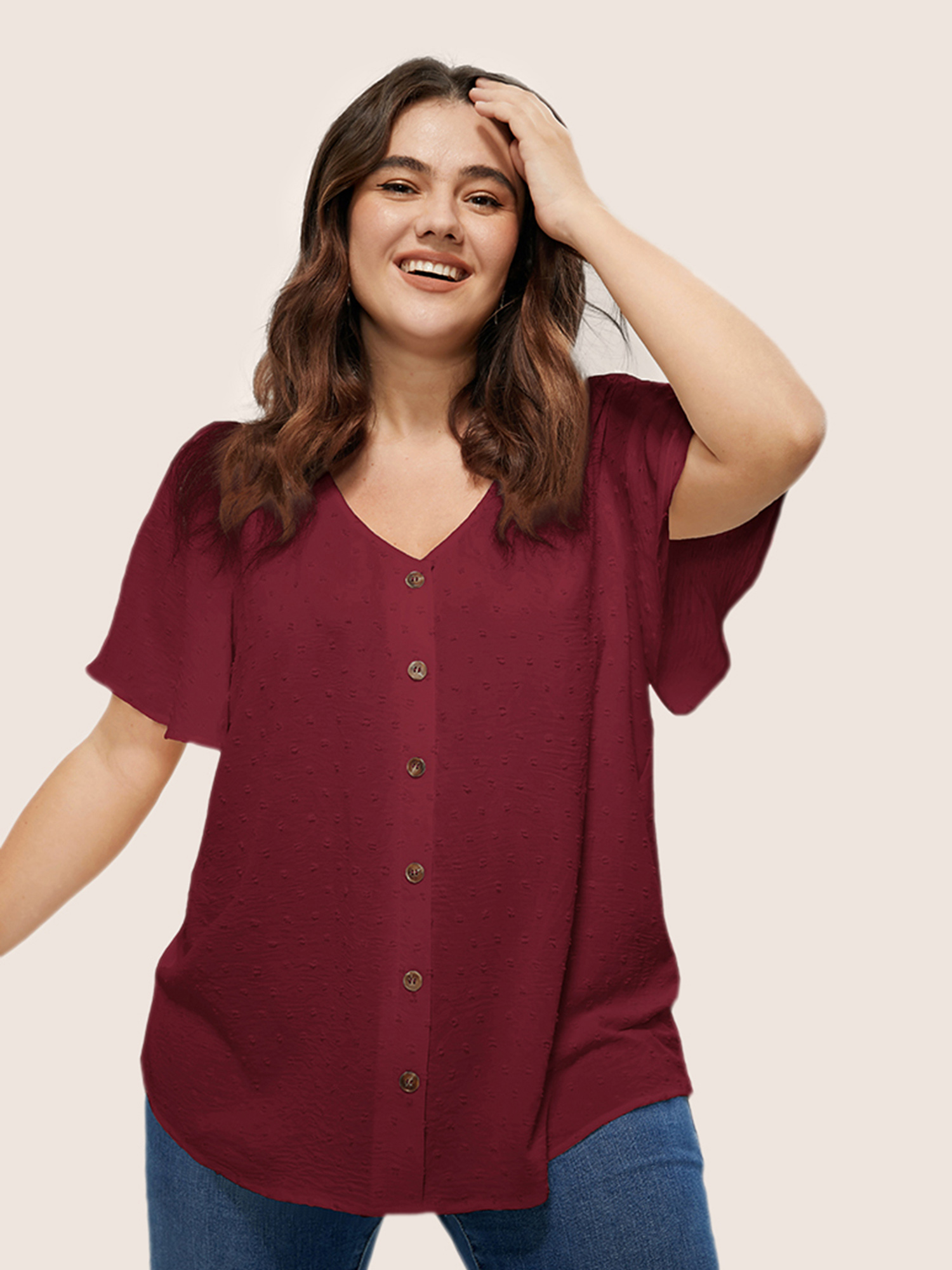 

Button Front Plus Size Women Dailywear Plain Casual Blouses Loose Ruffle Sleeve Short Sleeve V Neck Going Out Blouses BloomChic, Burgundy