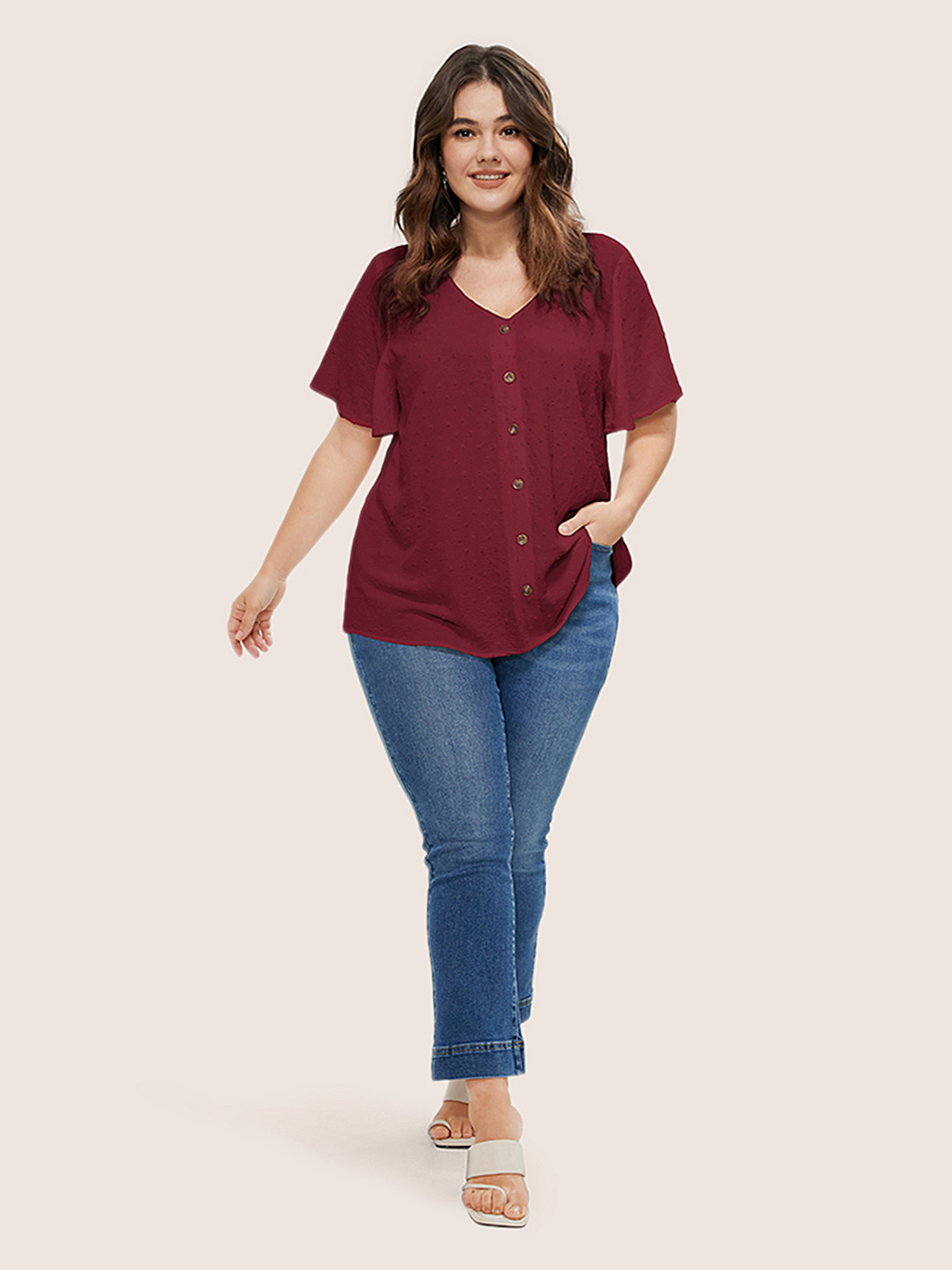 

Button Front Plus Size Women Dailywear Plain Casual Blouses Loose Ruffle Sleeve Short Sleeve V Neck Going Out Blouses BloomChic, Burgundy