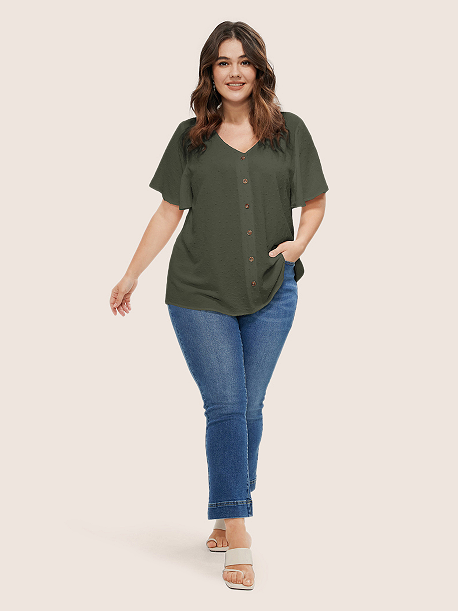 

Button Front Plus Size Women Dailywear Plain Casual Blouses Loose Ruffle Sleeve Short Sleeve V Neck Going Out Blouses BloomChic, Armygreen