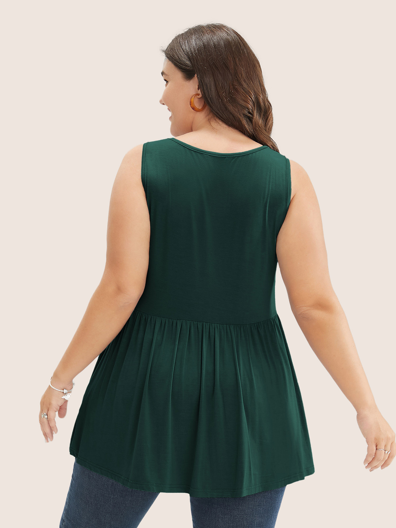 

Plus Size Solid Square Neck Button Detail Ruffle Hem Tank Top Women DarkGreen Casual Button Square Neck Everyday Tank Tops Camis BloomChic