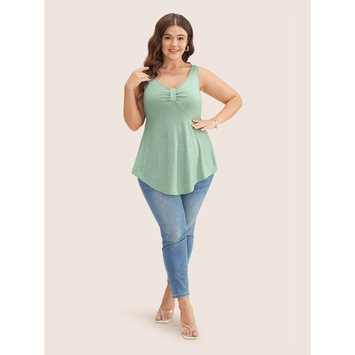 

Plus Size Solid Ruched Detail Asymmetrical Hem Tank Top Women Mint Elegant Gathered Heart neckline Everyday Tank Tops Camis BloomChic