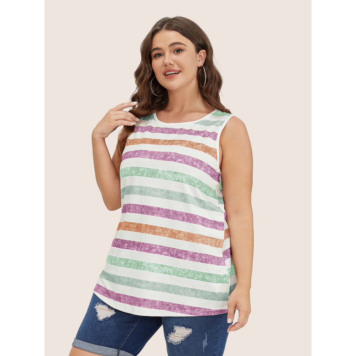 

Plus Size Striped Contrast Crew Neck Sleeveless Tank Top Women Purple Casual Contrast Round Neck Everyday Tank Tops Camis BloomChic