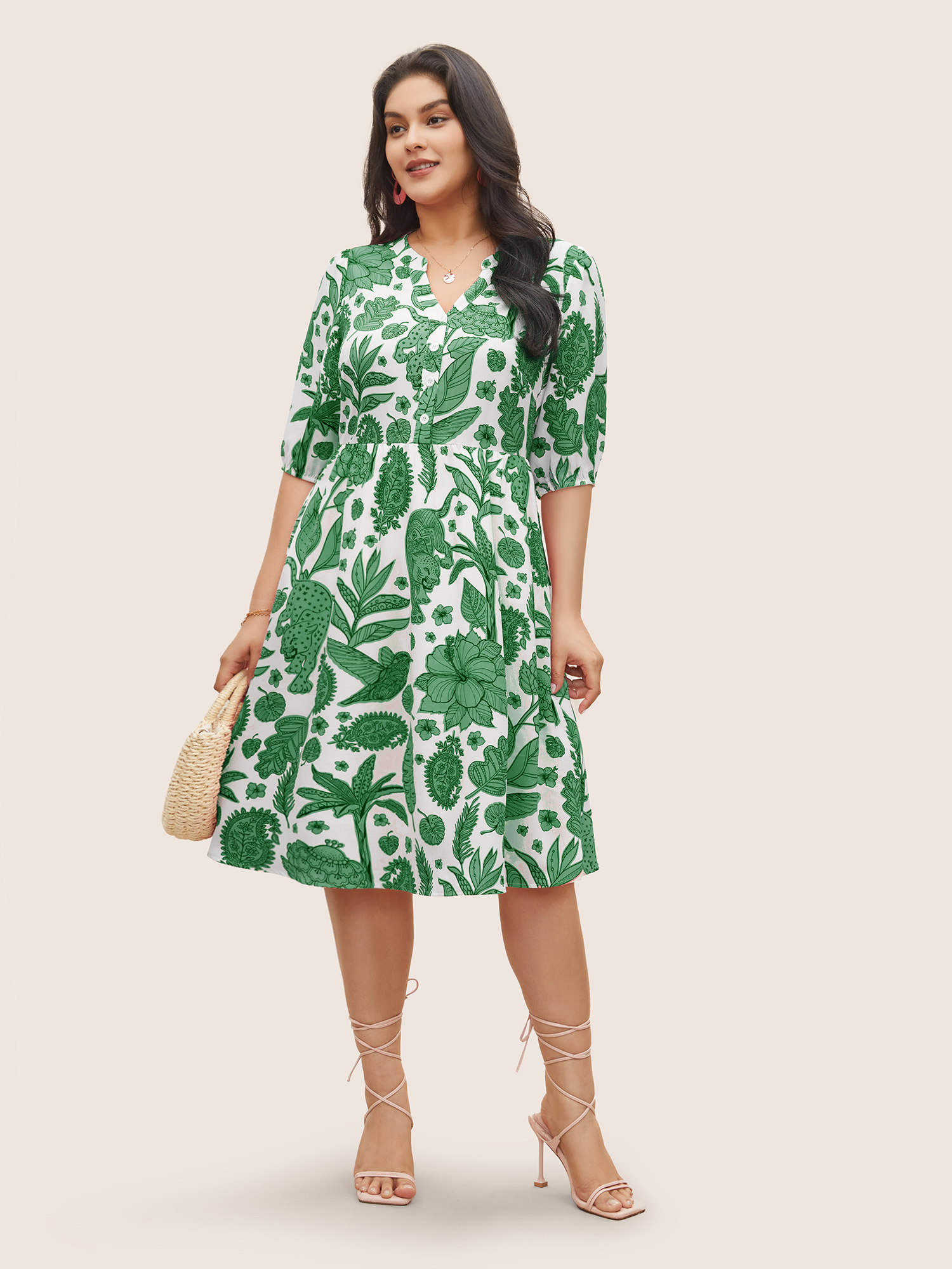 Plus Size Plants & Animal Print Notched Lantern Sleeve Dress DarkGreen Women Resort Non Notched collar Short sleeve Curvy Midi Dress BloomChic 28/5X 