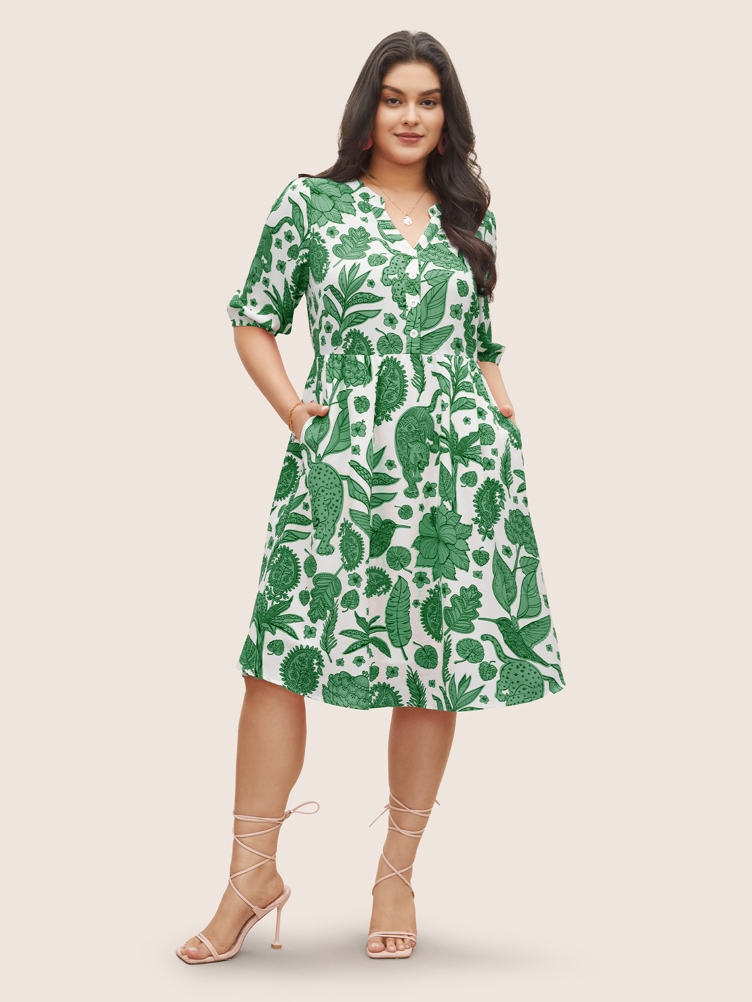 Plus Size Plants & Animal Print Notched Lantern Sleeve Dress DarkGreen Women Resort Non Notched collar Short sleeve Curvy Midi Dress BloomChic 28/5X 