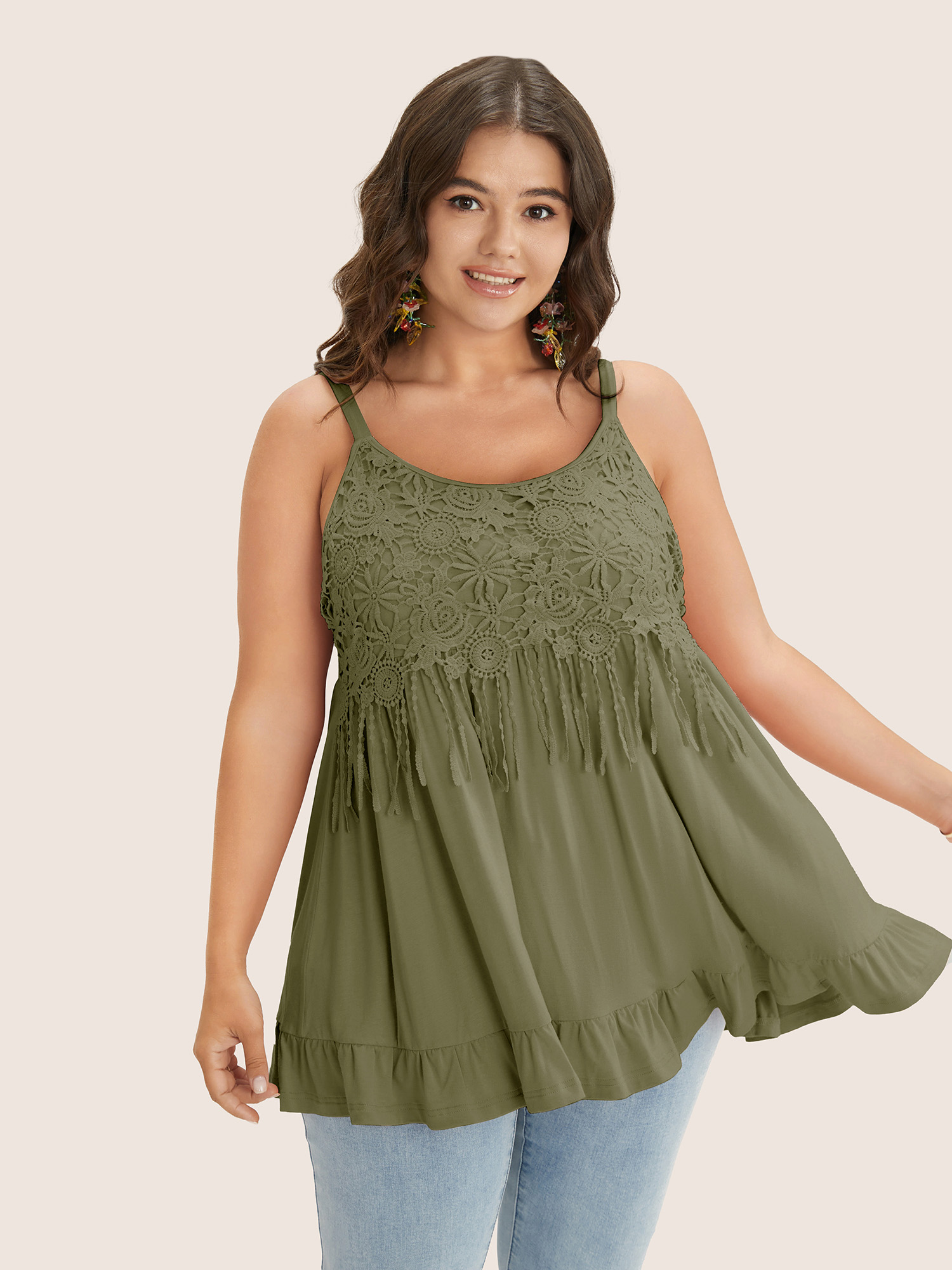 

Plus Size Plain Contrast Lace Ruffle Hem Cami Top Women ArmyGreen Elegant Non Everyday Tank Tops Camis BloomChic