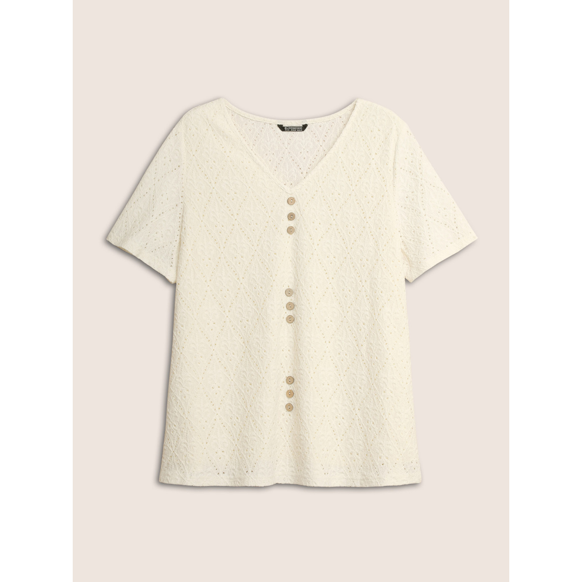 

Plus Size Solid Plisse V Neck Button Detail T-shirt White Women Casual Texture Plain V-neck Everyday T-shirts BloomChic