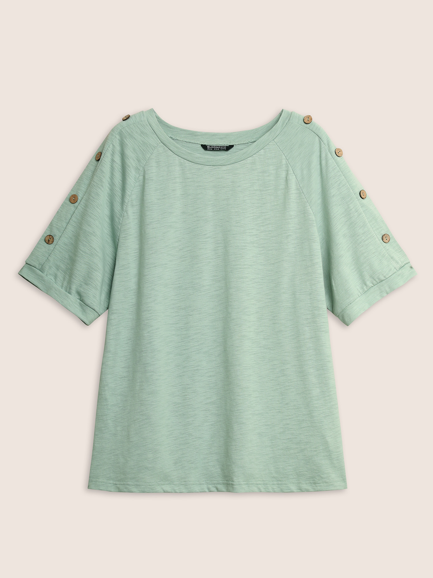 

Plus Size Plain Button Detail Raglan Sleeve T-shirt Mint Women Casual Non Plain Non Everyday T-shirts BloomChic