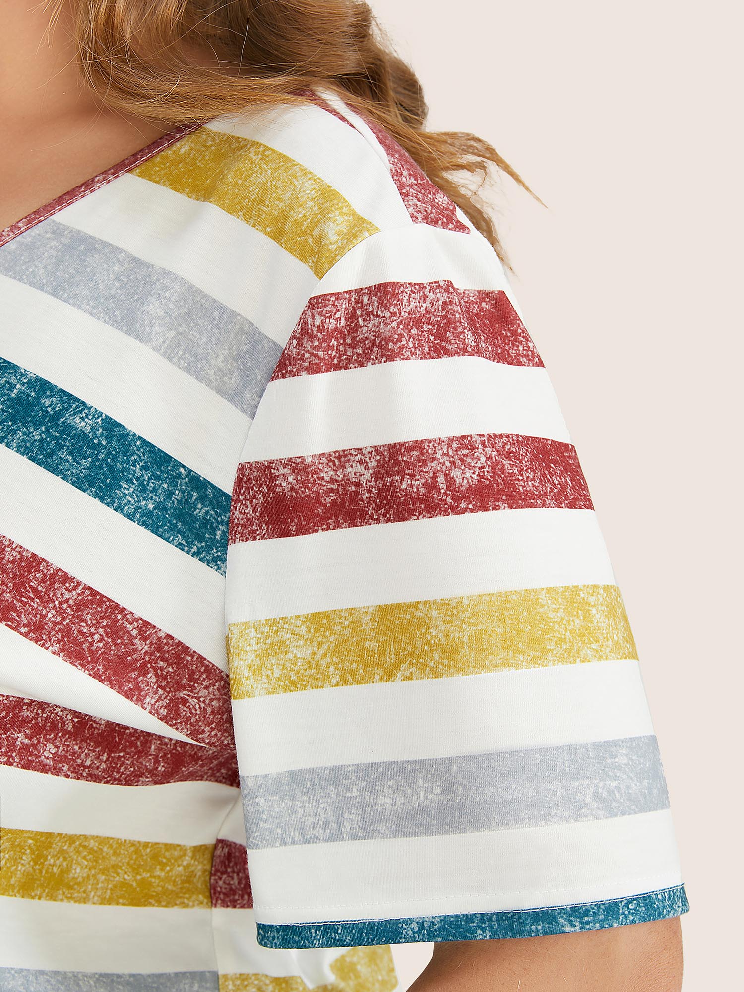 Plus Size Striped Contrast V Neck T-shirt Multicolor Women Casual Striped V-neck Everyday T-shirts BloomChic 14-16/1X 