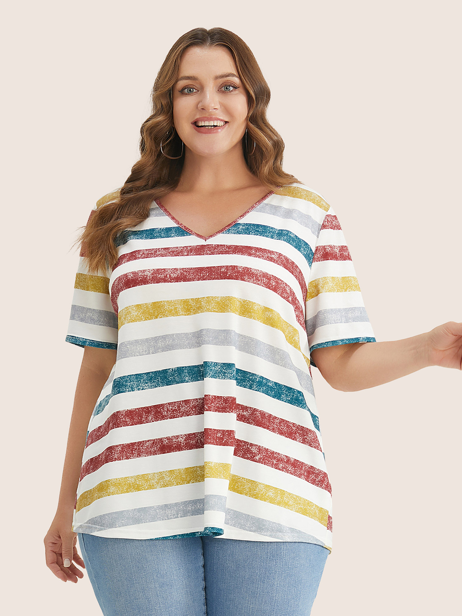 

Plus Size Striped Contrast V Neck T-shirt Multicolor Women Casual Striped V-neck Everyday T-shirts BloomChic