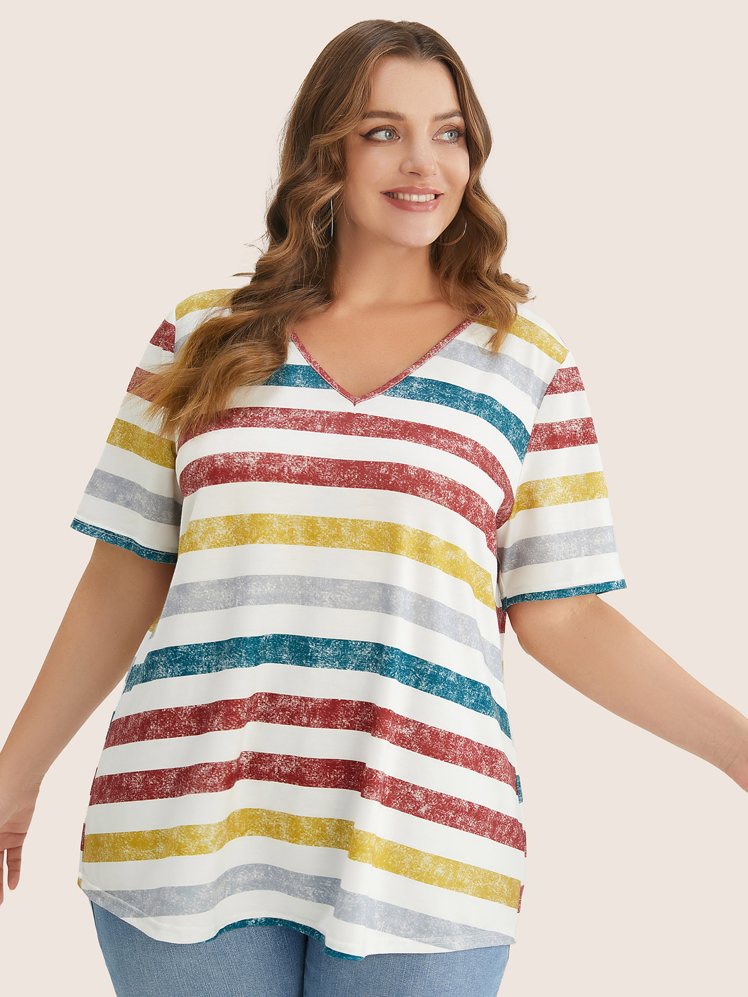 Plus Size Striped Contrast V Neck T-shirt Multicolor Women Casual Striped V-neck Everyday T-shirts BloomChic 14-16/1X 