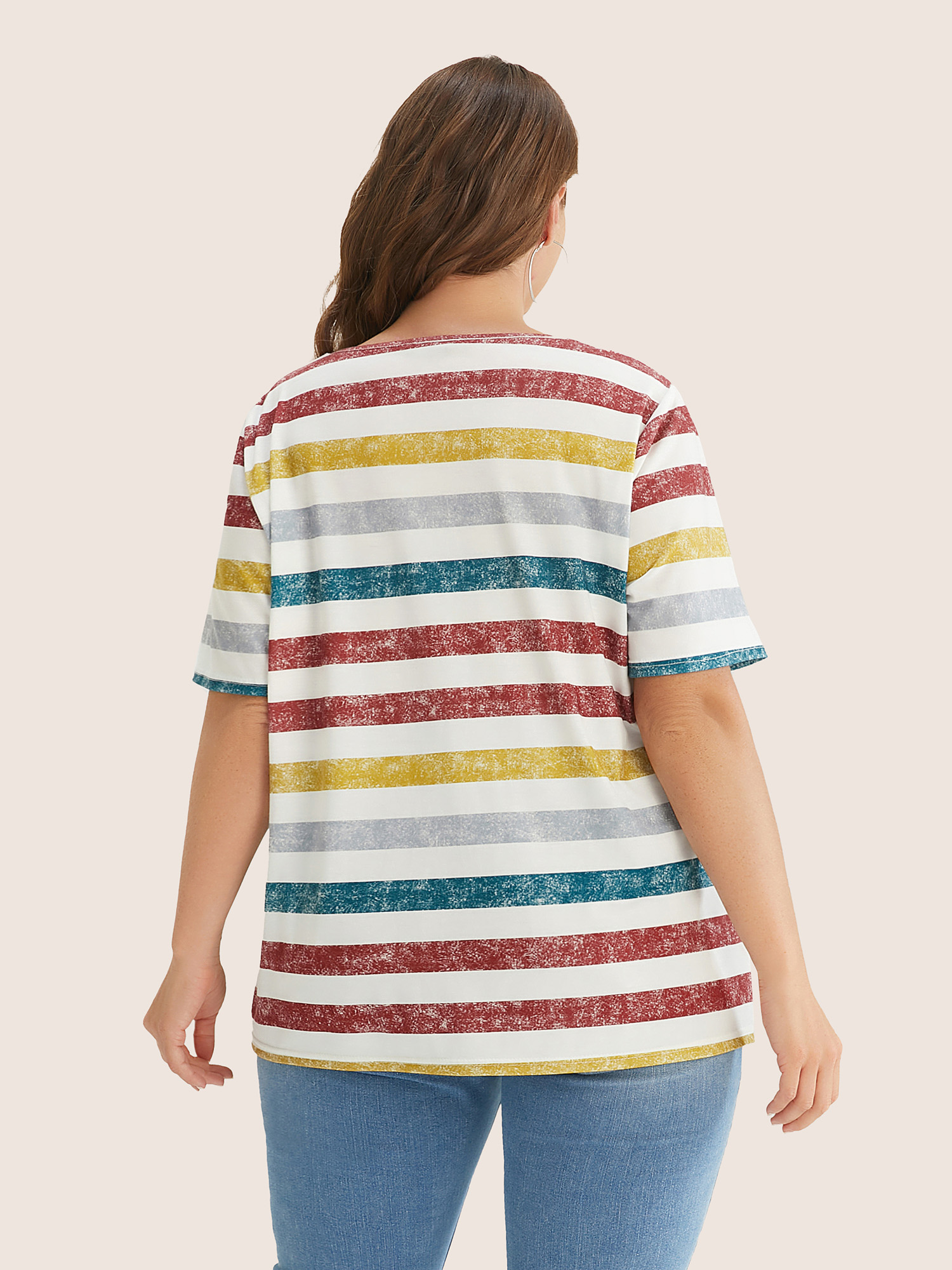 Plus Size Striped Contrast V Neck T-shirt Multicolor Women Casual Striped V-neck Everyday T-shirts BloomChic 14-16/1X 
