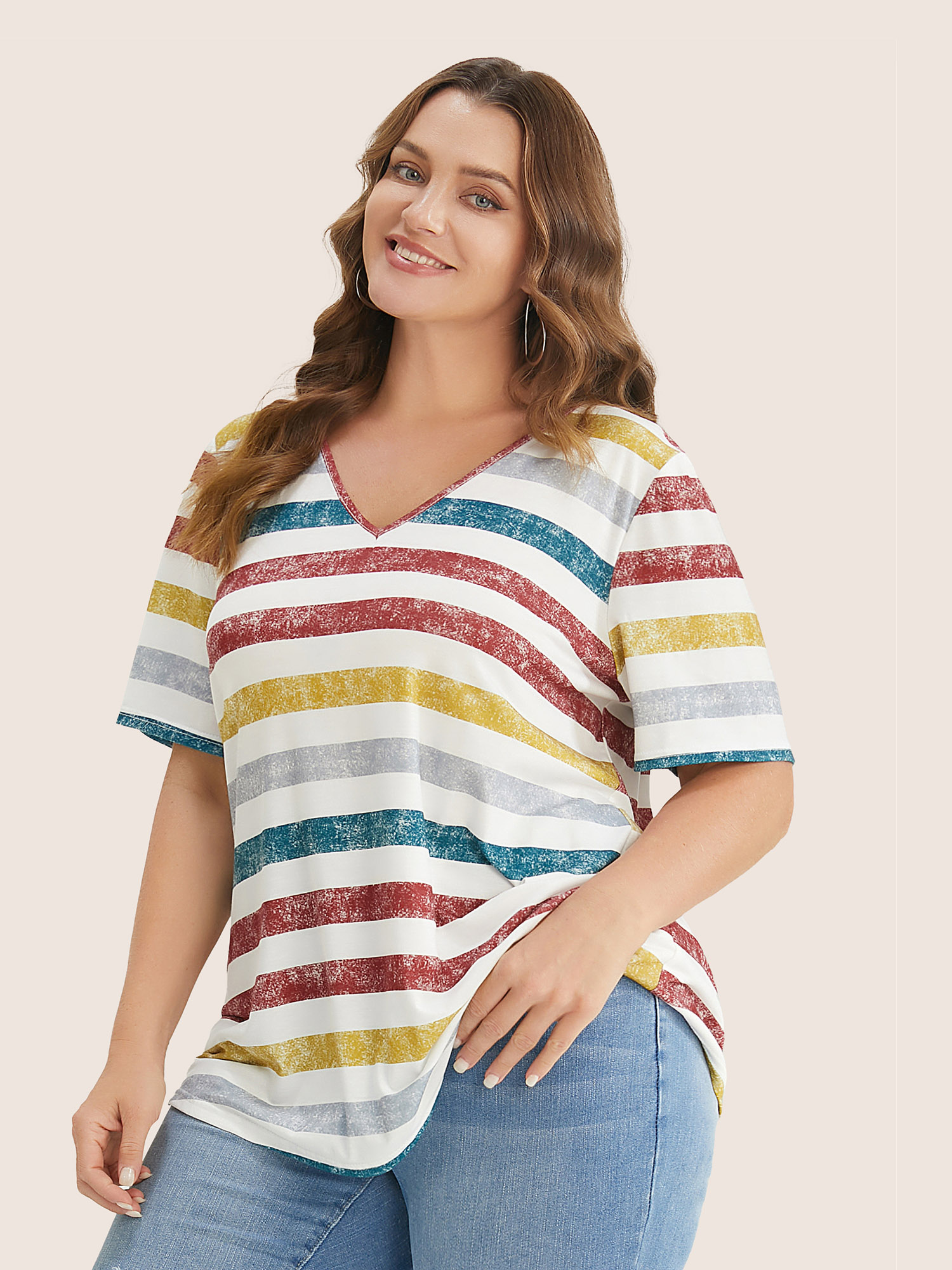 Plus Size Striped Contrast V Neck T-shirt Multicolor Women Casual Striped V-neck Everyday T-shirts BloomChic 14-16/1X 
