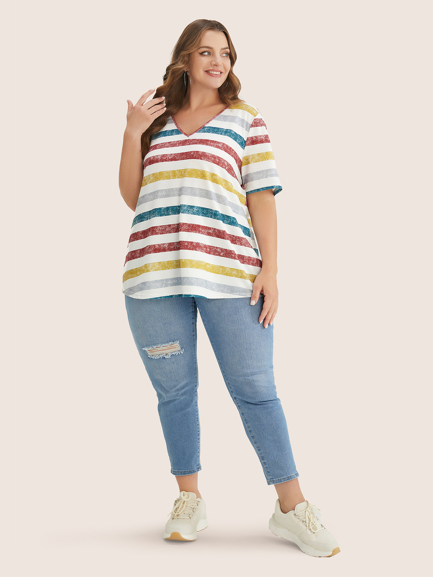 Plus Size Striped Contrast V Neck T-shirt Multicolor Women Casual Striped V-neck Everyday T-shirts BloomChic 14-16/1X 