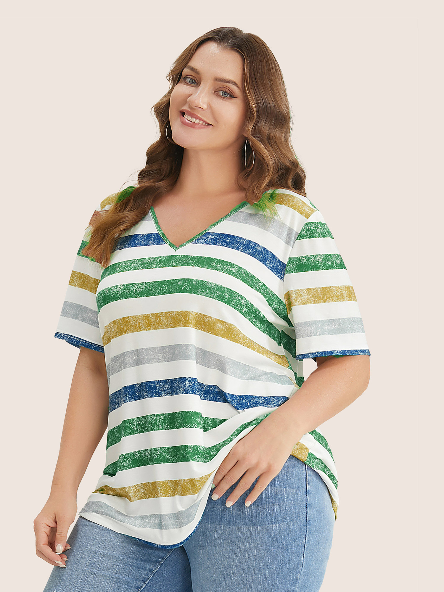 Plus Size Women Everyday Striped Regular Sleeve Short sleeve V-neck Casual T-shirts BloomChic 