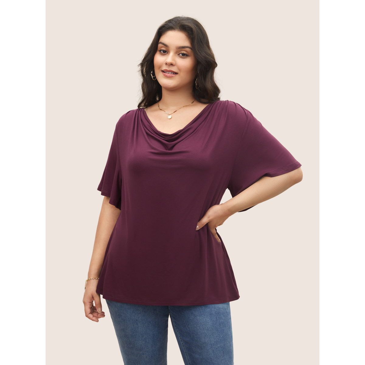 

Plus Size Supersoft Essentials Cowl Neck Ruffle Sleeve T-shirt Purple Women Elegant Non Everyday T-shirts BloomChic