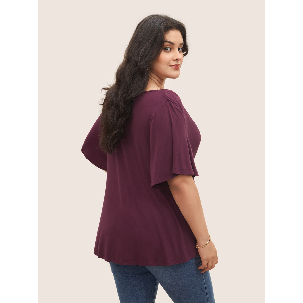 

Plus Size Supersoft Essentials Cowl Neck Ruffle Sleeve T-shirt Purple Women Elegant Non Everyday T-shirts BloomChic