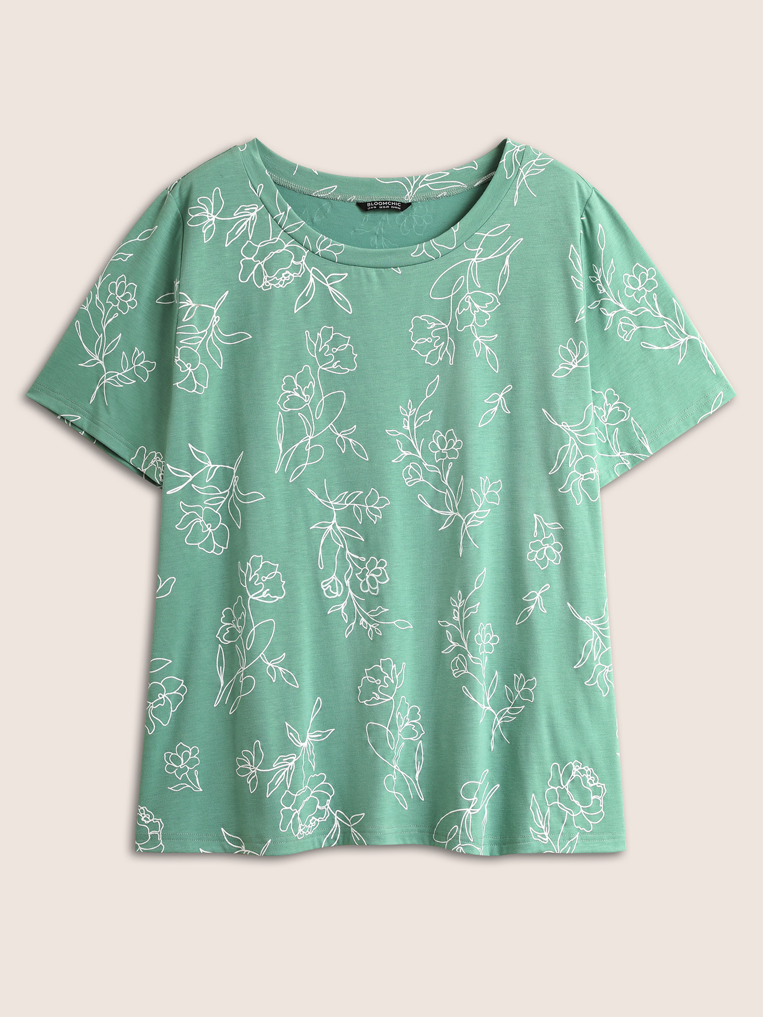 Plus Size Line Floral Print Crew Neck T-shirt Mint Women Elegant Round Neck Everyday T-shirts BloomChic 26/4X 