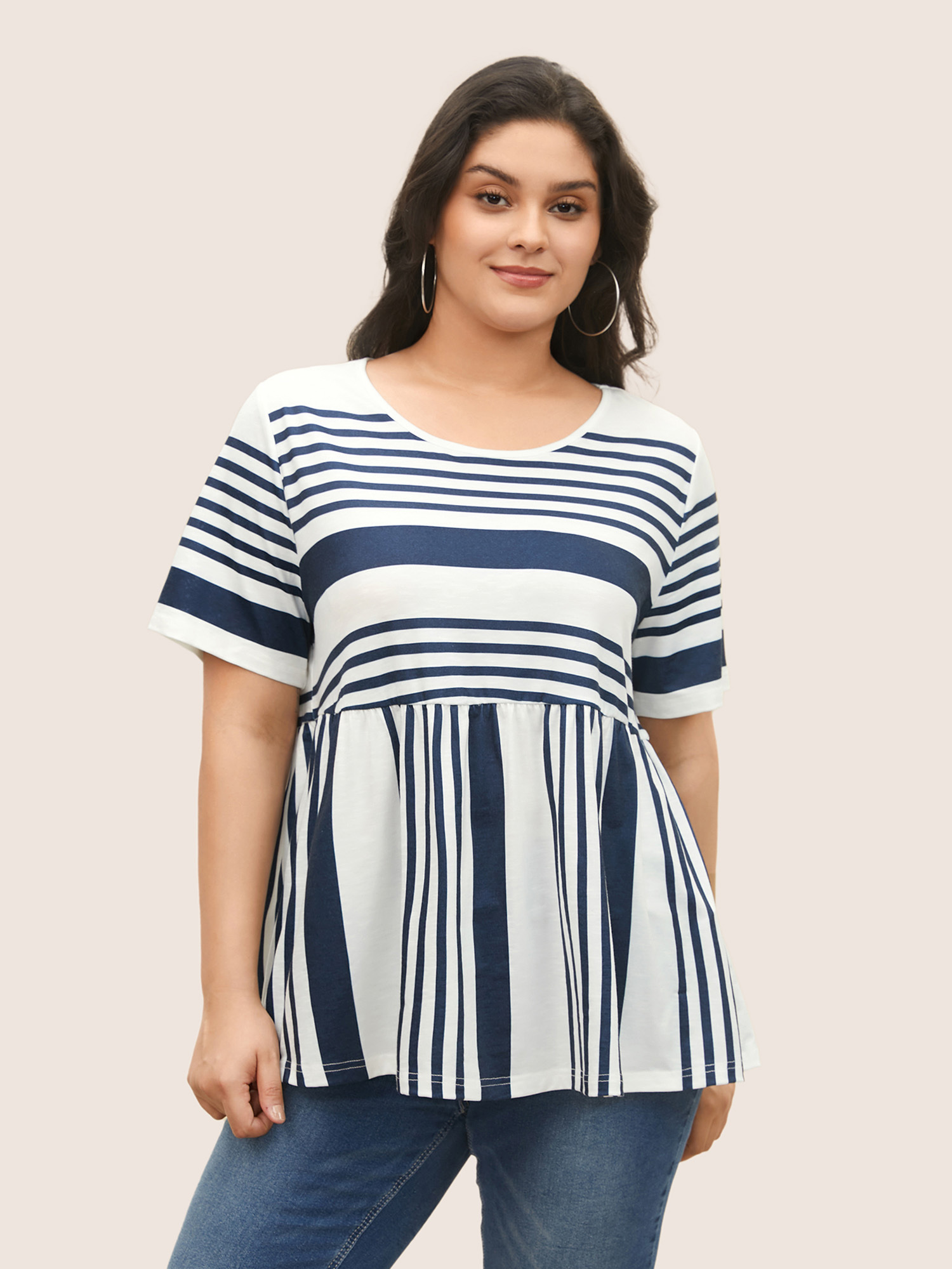 

Plus Size Striped Print Elastic Waist Round Neck T-shirt White Round Neck Half Sleeve Casual Jersey Tops