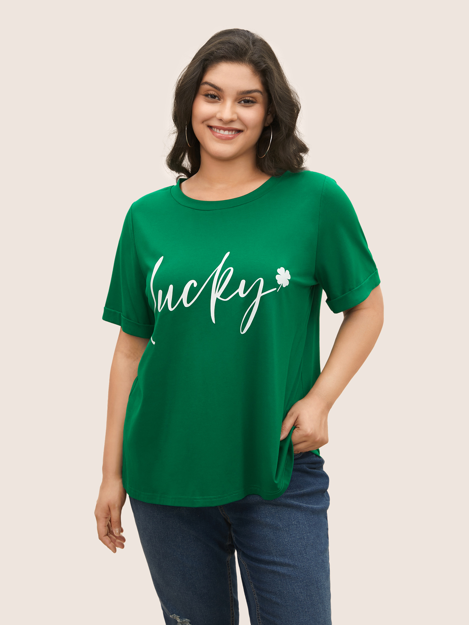 

Plus Size Positive Slogan Crew Neck T-shirt Green Women Casual Positive slogan Round Neck Everyday T-shirts BloomChic
