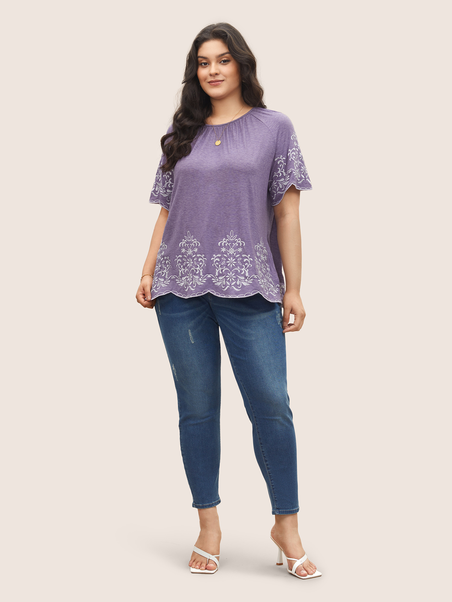 

Plus Size Embroidered Scalloped Trim Gathered T-shirt BlueViolet Women Elegant Embroidered Round Neck Everyday T-shirts BloomChic