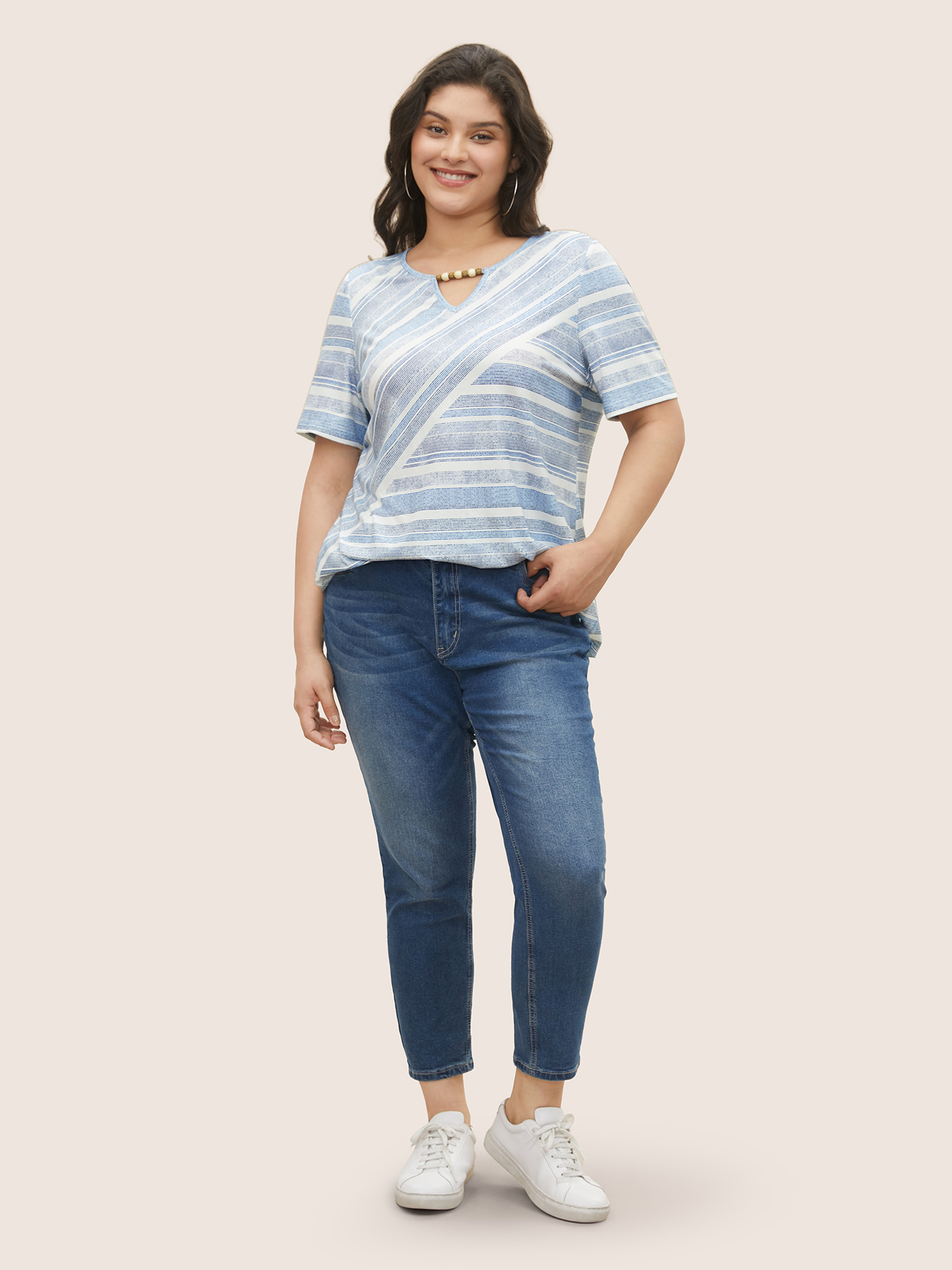 Plus Size Striped Bead Chain Cut Out T-shirt Blue Women Casual Notched collar Everyday T-shirts BloomChic 18-20/2X 