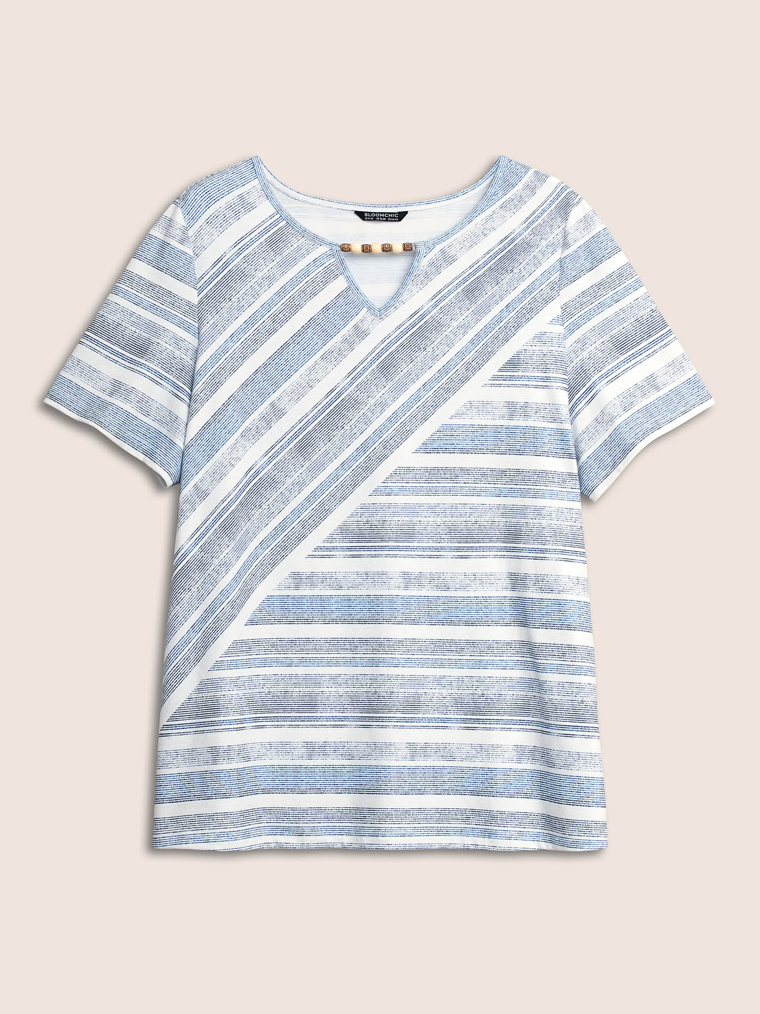 Plus Size Striped Bead Chain Cut Out T-shirt Blue Women Casual Notched collar Everyday T-shirts BloomChic 18-20/2X 