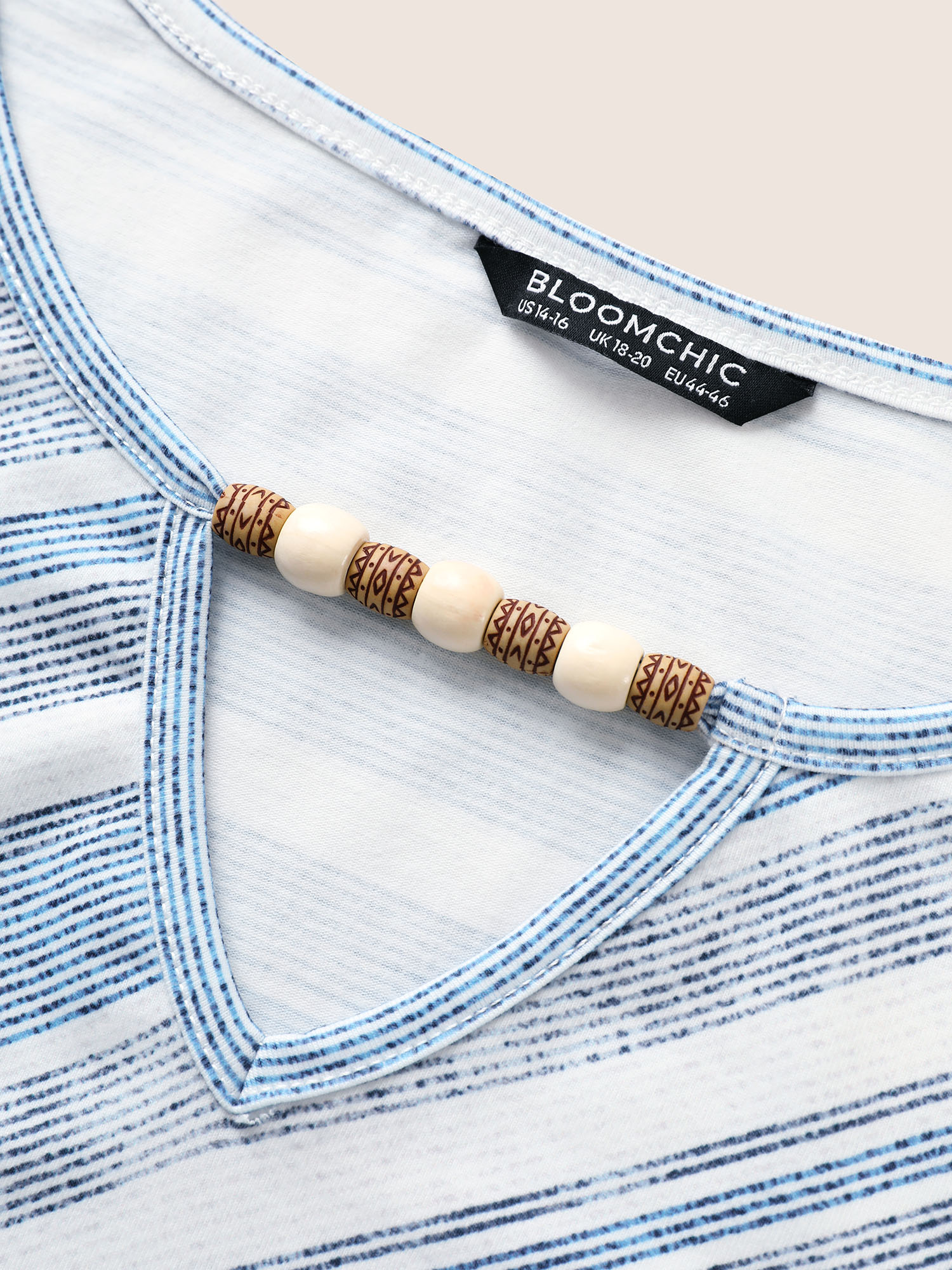 Plus Size Striped Bead Chain Cut Out T-shirt Blue Women Casual Notched collar Everyday T-shirts BloomChic 18-20/2X 