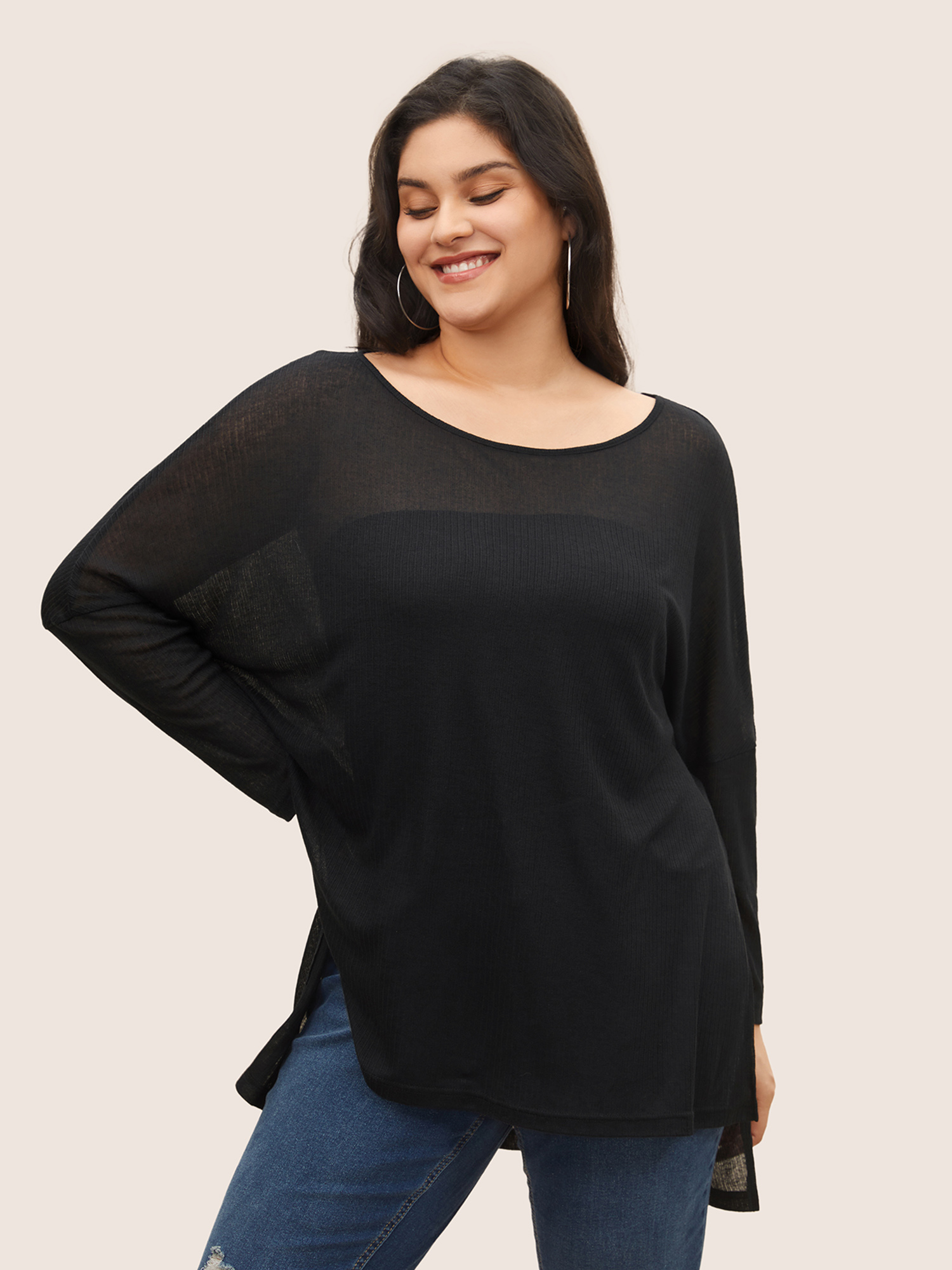 

Plus Size Plain Mesh Split Side Long Sleeve T-shirt Black Women Casual Slit Round Neck Everyday T-shirts BloomChic