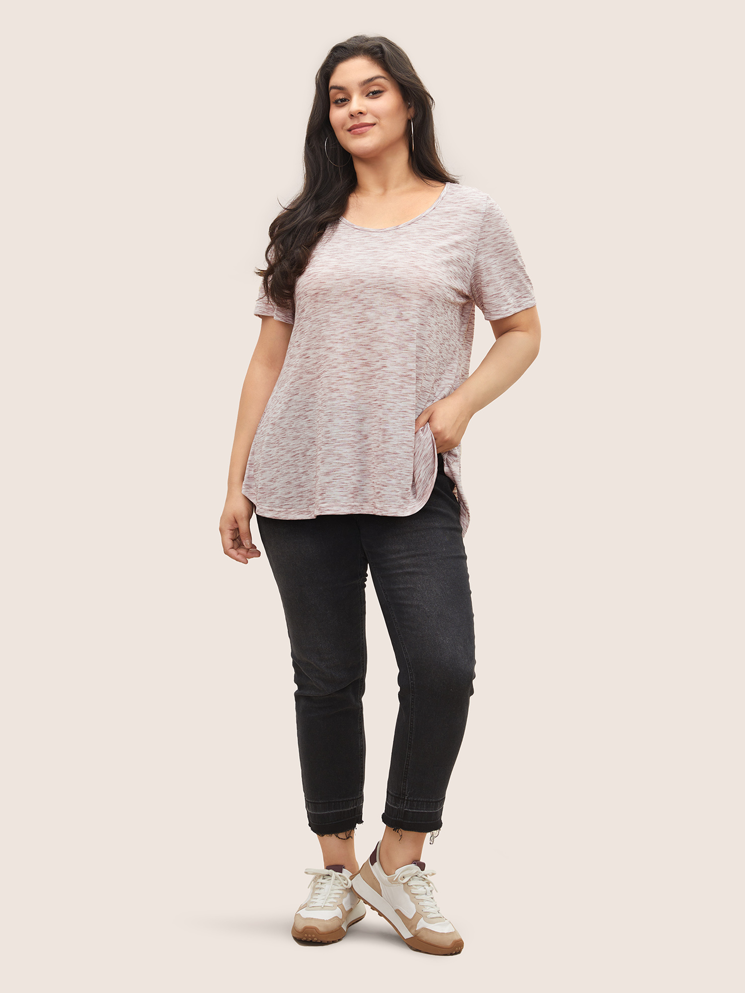 Plus Size Heather Curved High Low Hem Crew Neck T-shirt DustyPink Women Casual Non Round Neck Everyday T-shirts BloomChic 22-24/3X 