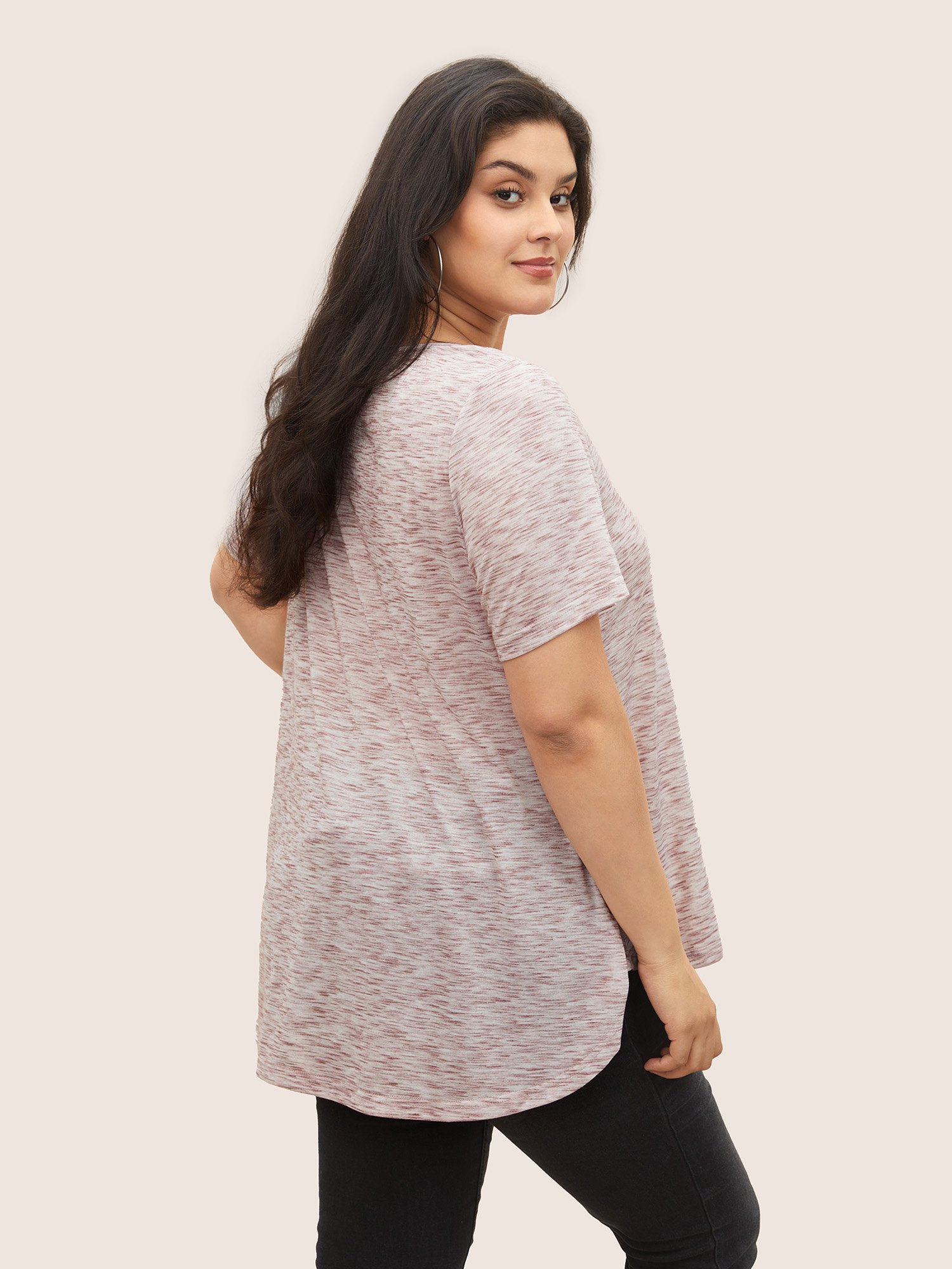 Plus Size Heather Curved High Low Hem Crew Neck T-shirt DustyPink Women Casual Non Round Neck Everyday T-shirts BloomChic 22-24/3X 