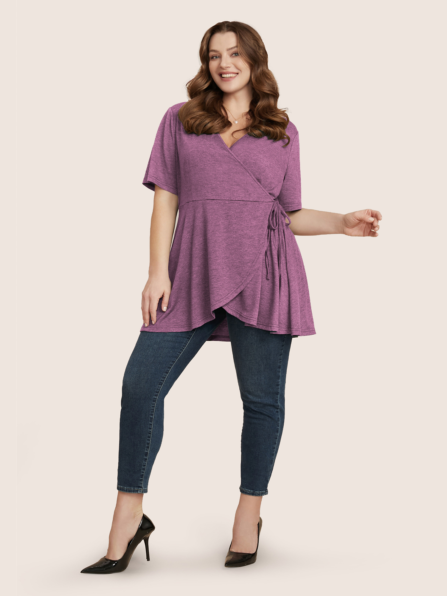 

Plus Size Plain Surplice Neck Tie Side Asymmetrical Hem T-shirt Purple V-neck Short sleeve Elegant Jersey Tops