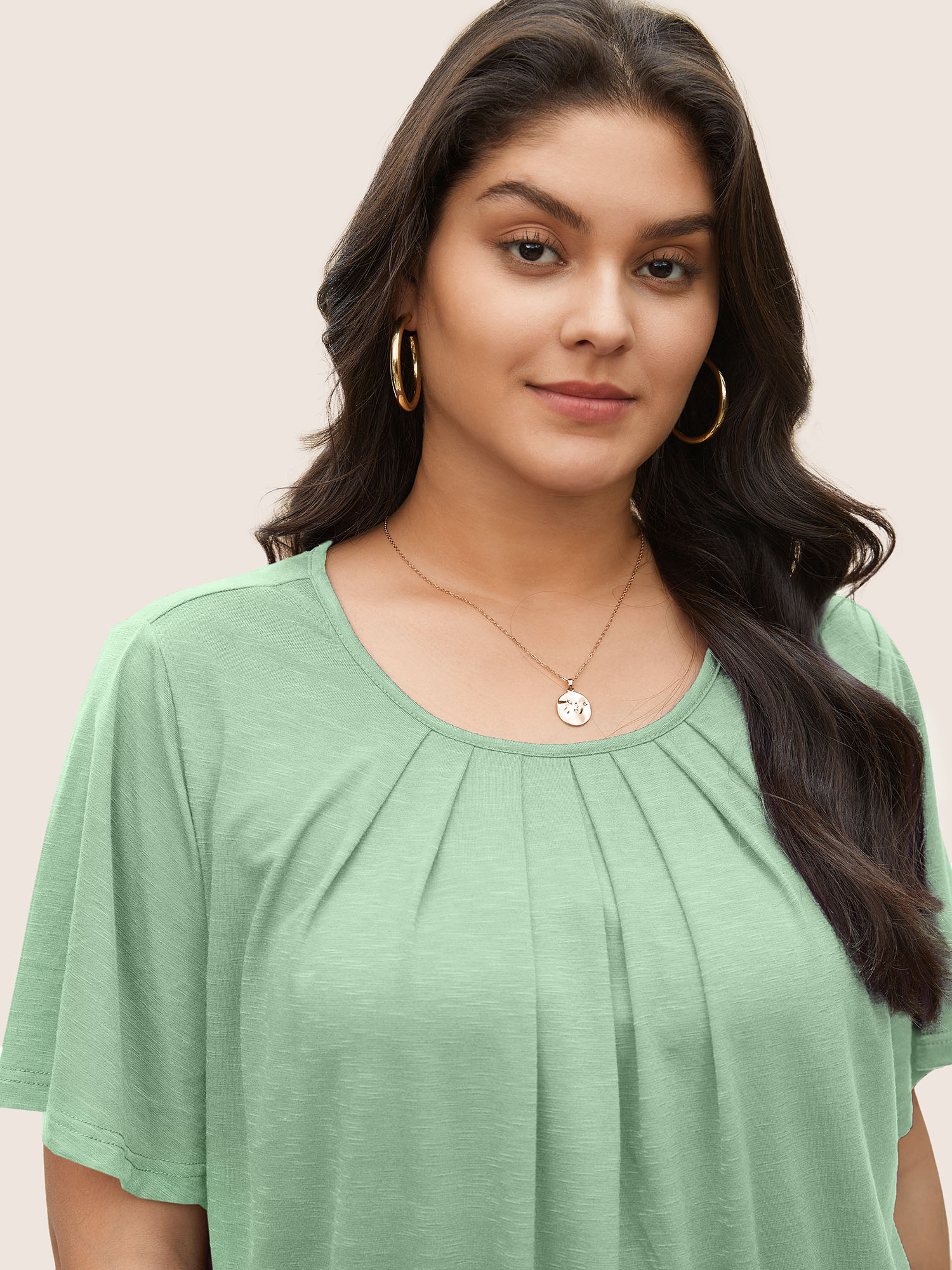 

Plus Size Solid Plicated Detail Flutter Sleeve T-shirt Mint Women Elegant Non Plain Round Neck Everyday T-shirts BloomChic