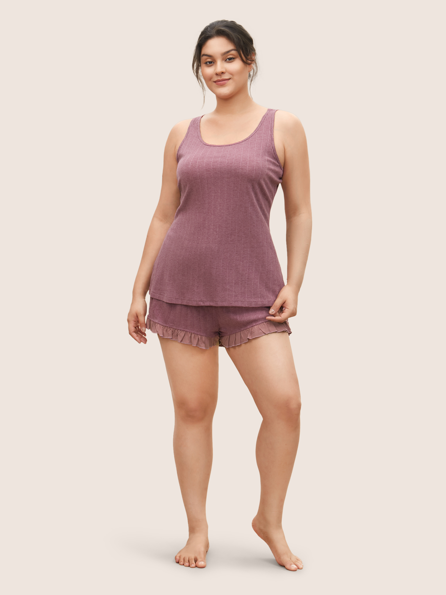 Plus Size Texture Patchwork Ruffles Drawstring Loungewear Set Women DustyPink Texture Sleeveless Non Lounge Loungewear Sets BloomChic 18-20/2X 