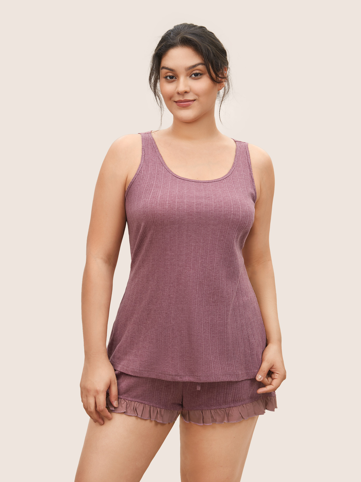 Plus Size Texture Patchwork Ruffles Drawstring Loungewear Set Women DustyPink Texture Sleeveless Non Lounge Loungewear Sets BloomChic 18-20/2X 