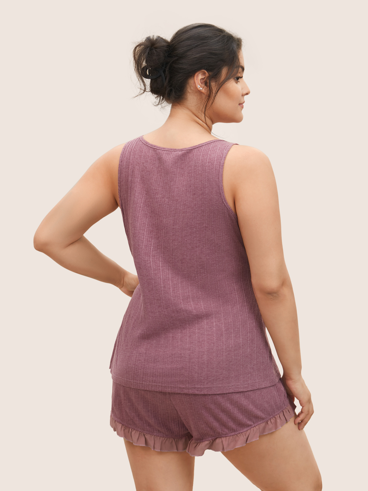 Plus Size Texture Patchwork Ruffles Drawstring Loungewear Set Women DustyPink Texture Sleeveless Non Lounge Loungewear Sets BloomChic 18-20/2X 