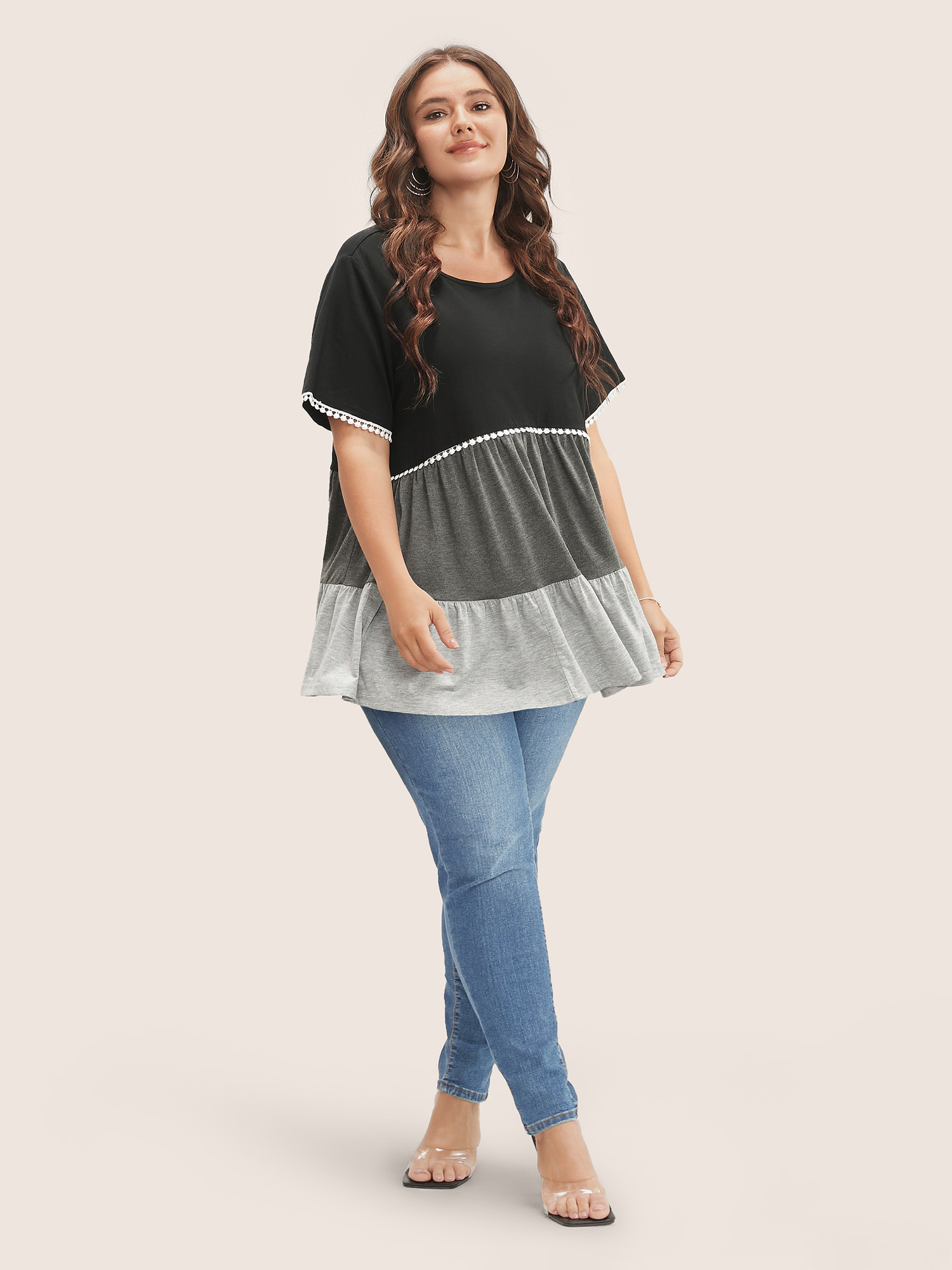 

Colorblock Contrast Ruffle Tiered T-shirt, Black