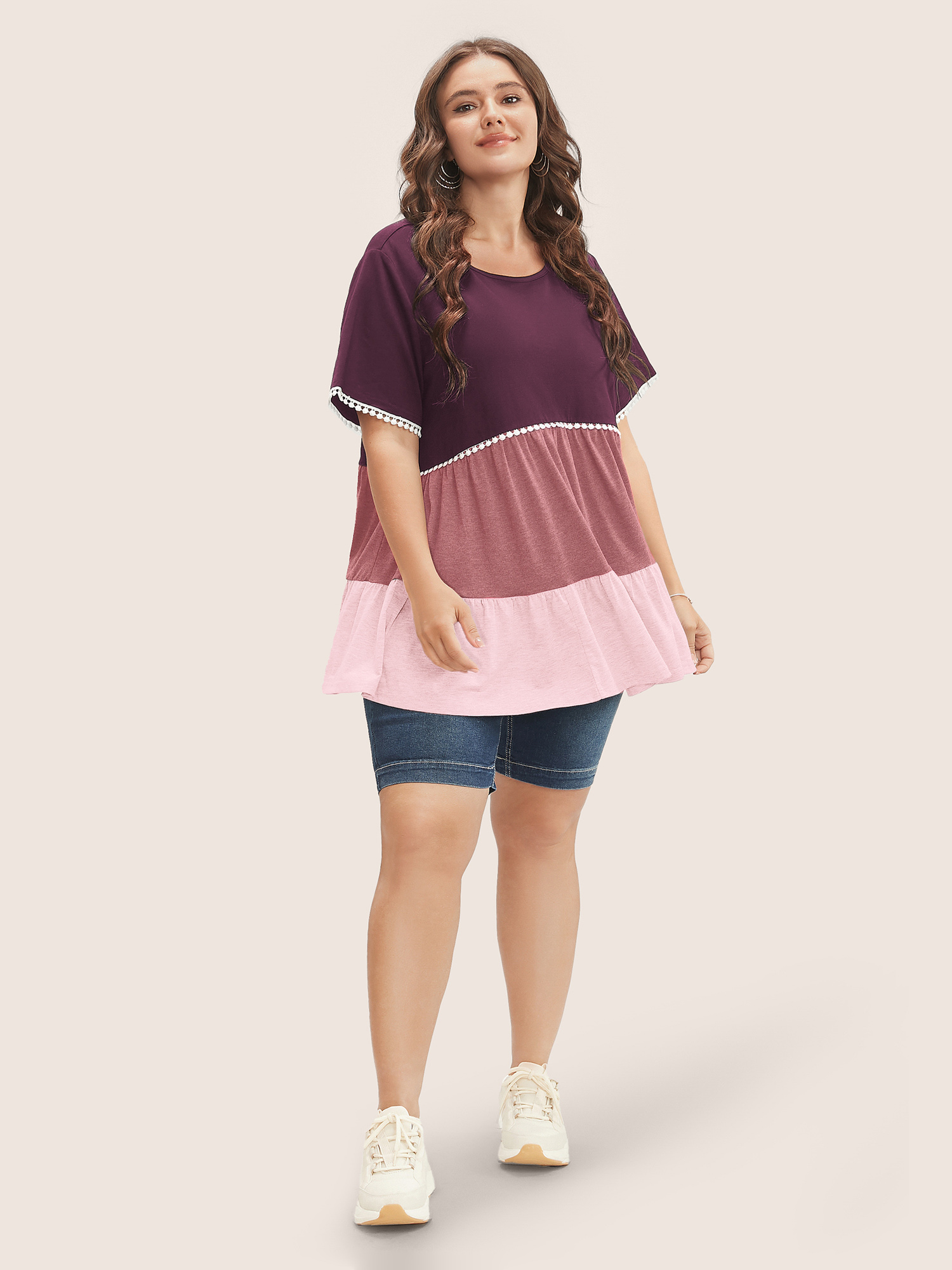 Plus Size Colorblock Contrast Ruffle Tiered T-shirt MistyRose Women Casual Tiered Colorblock Round Neck Everyday T-shirts BloomChic 26/4X 