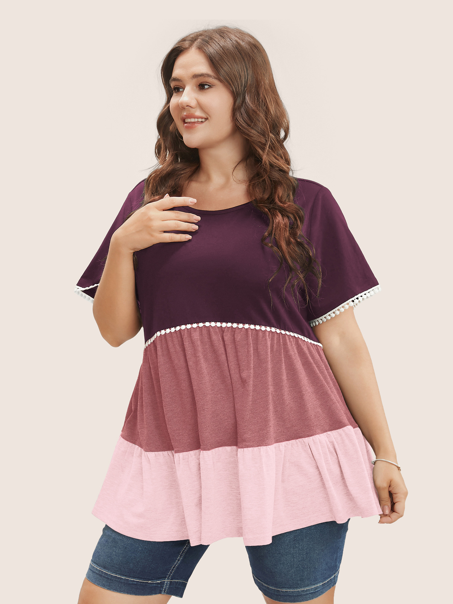 Plus Size Colorblock Contrast Ruffle Tiered T-shirt MistyRose Women Casual Tiered Colorblock Round Neck Everyday T-shirts BloomChic 26/4X 