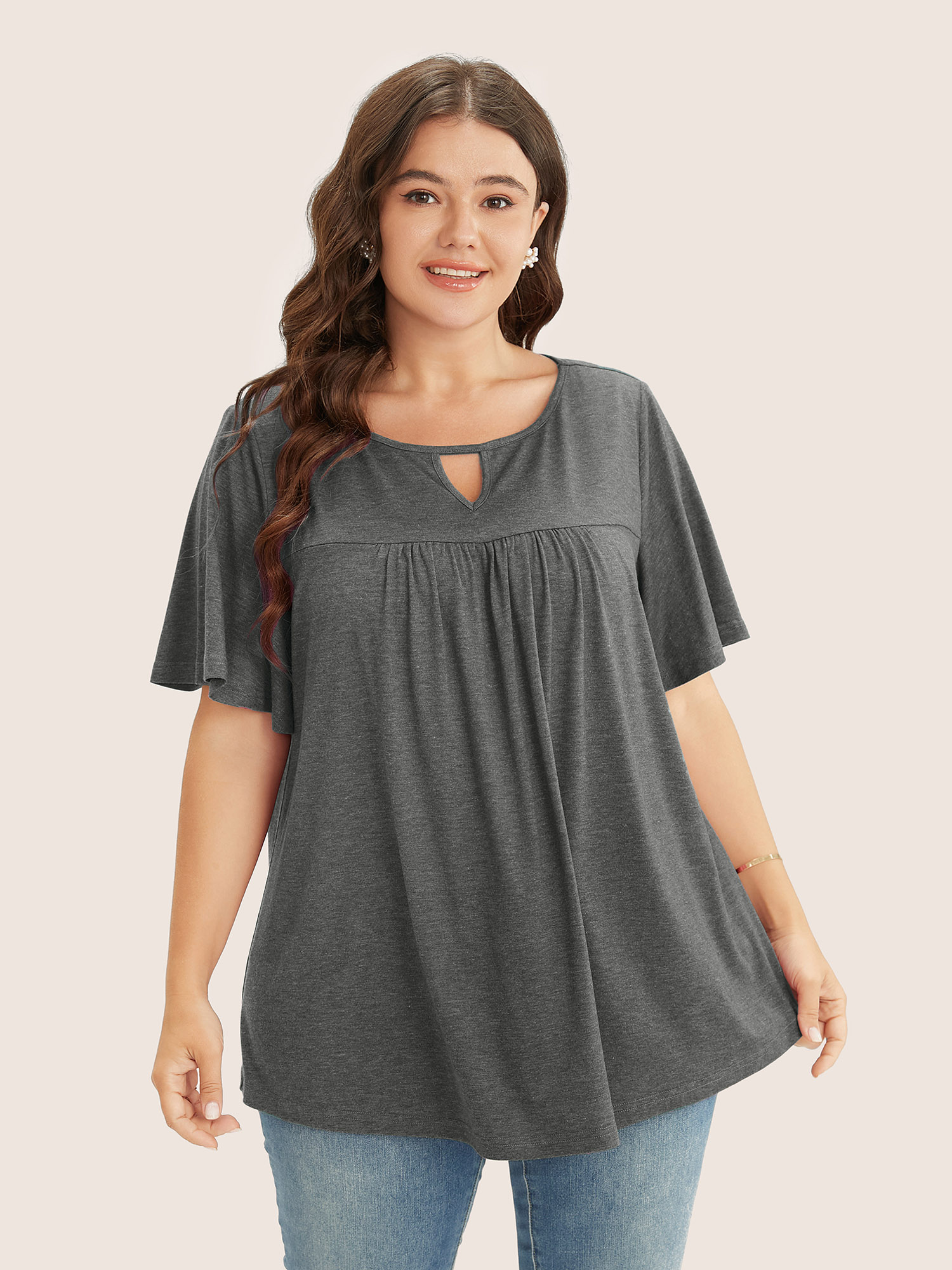 

Plus Size Plain Ruffle Sleeve Keyhole Gathered Crew Neck T-shirt Gray Round Neck Short sleeve Elegant Jersey Tops