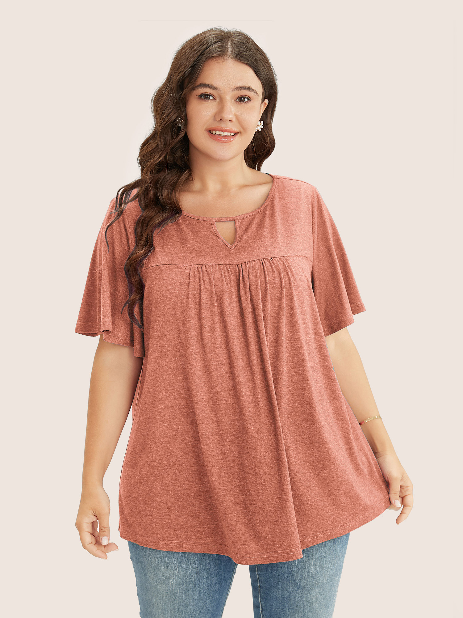 

Plus Size Plain Ruffle Sleeve Keyhole Gathered Crew Neck T-shirt Coral Round Neck Short sleeve Elegant Jersey Tops