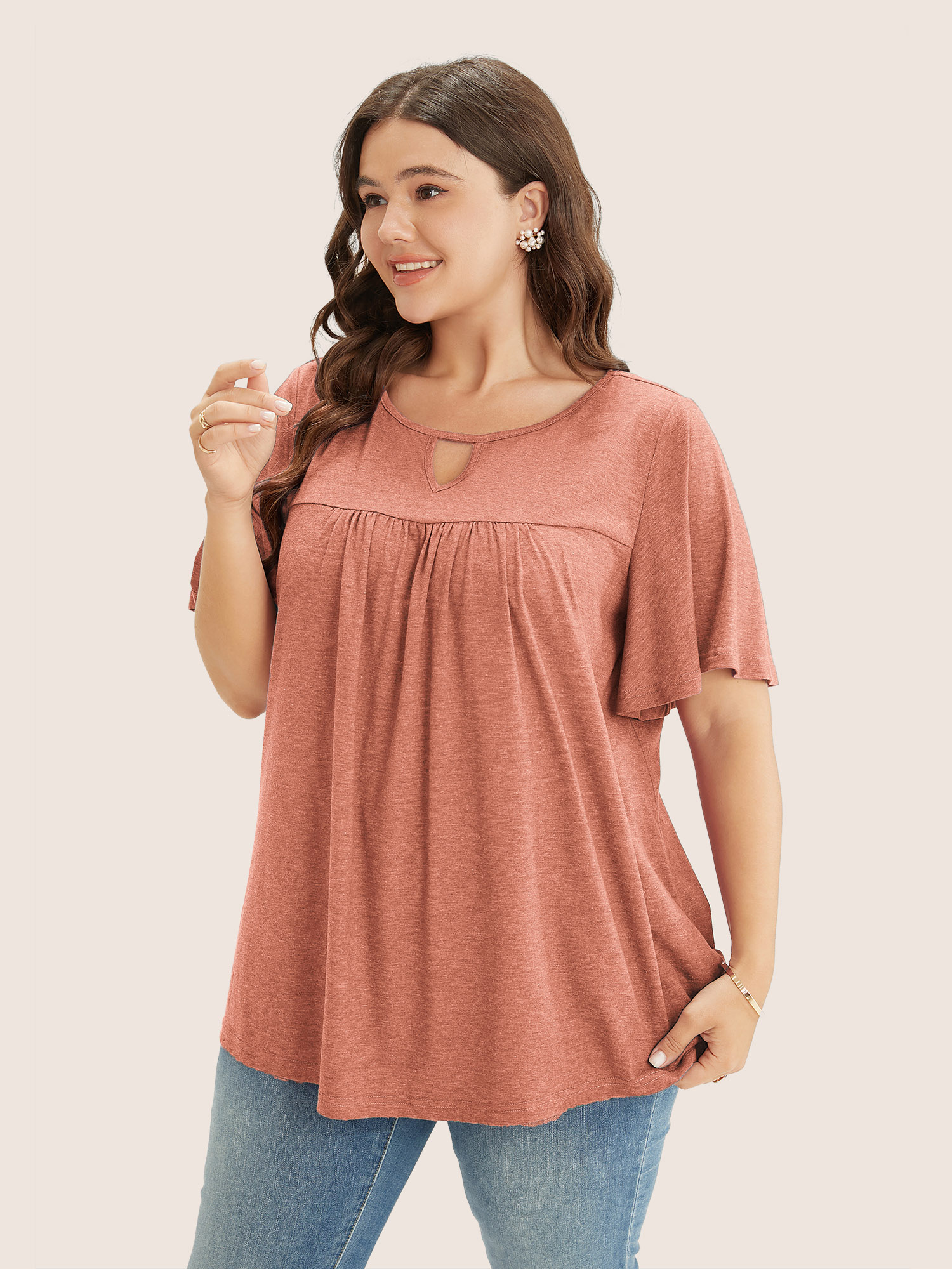 

Plus Size Plain Ruffle Sleeve Keyhole Gathered Crew Neck T-shirt Coral Round Neck Short sleeve Elegant Jersey Tops