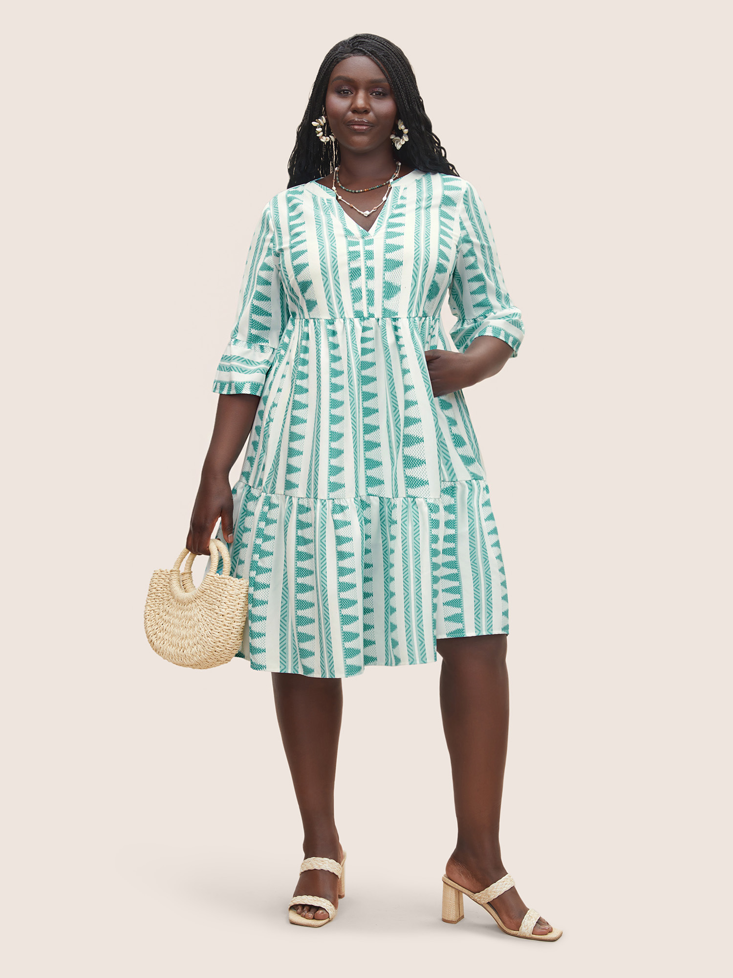 

Plus Size Bandana Geometric Notched Ruffle Layered Hem Dress Turquoise Women Resort Non Notched collar Elbow-length sleeve Curvy Midi Dress BloomChic