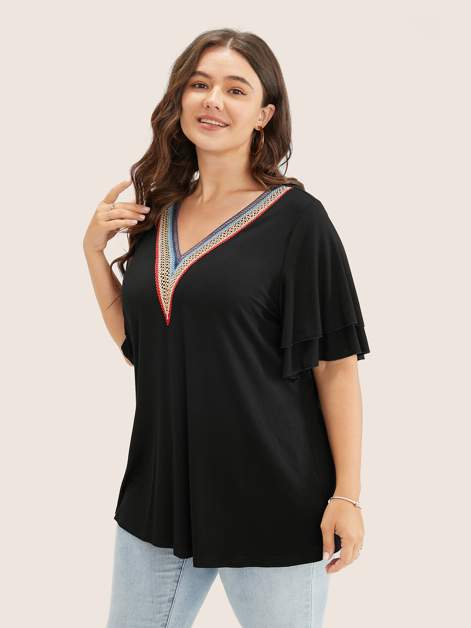 

Plus Size Solid Crochet Lace Ruffle Tiered Sleeve V Neck T-shirt Black Women Elegant Ruffles Plain V-neck Everyday T-shirts BloomChic