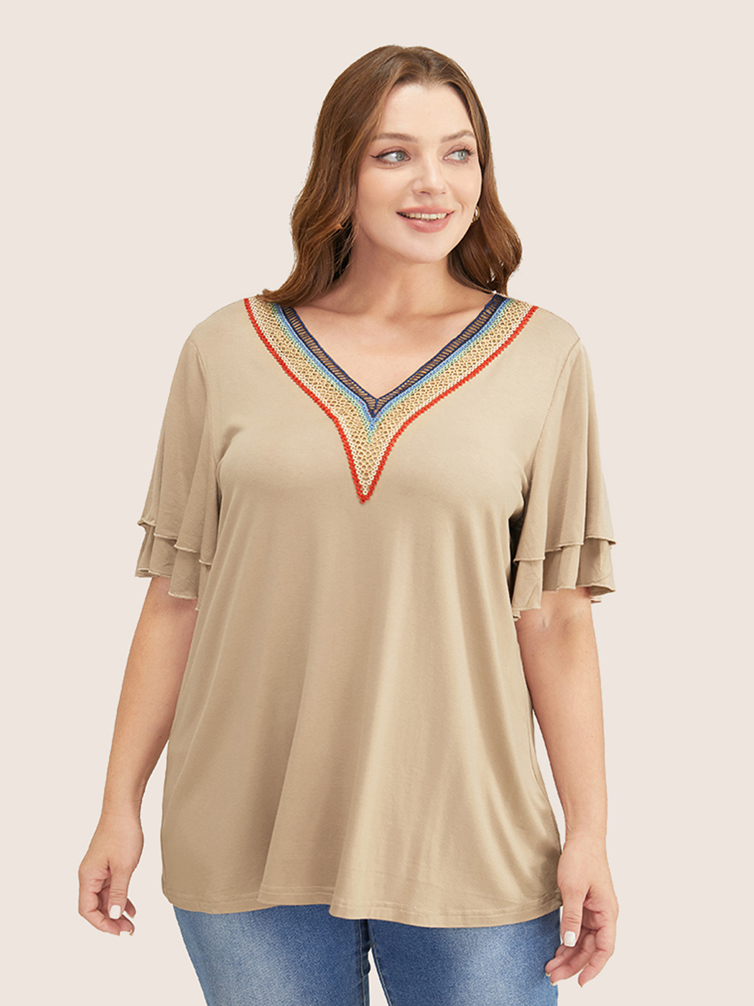 

Plus Size Solid Crochet Lace Ruffle Tiered Sleeve V Neck T-shirt LightBrown V-neck Short sleeve Elegant Jersey Tops