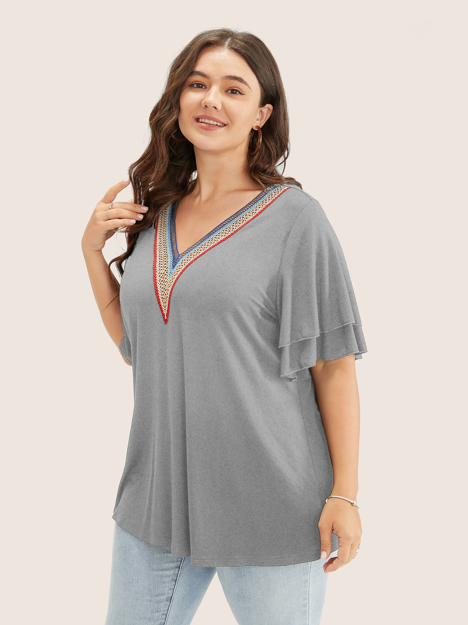 

Plus Size Solid Crochet Lace Ruffle Tiered Sleeve V Neck T-shirt LightGray V-neck Short sleeve Elegant Jersey Tops