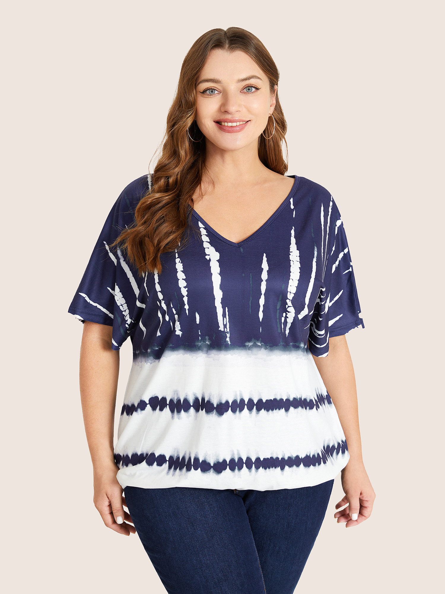 

Plus Size Tie Dye Batwing Sleeve T-shirt Indigo Women Casual Tie Dye V-neck Everyday T-shirts BloomChic