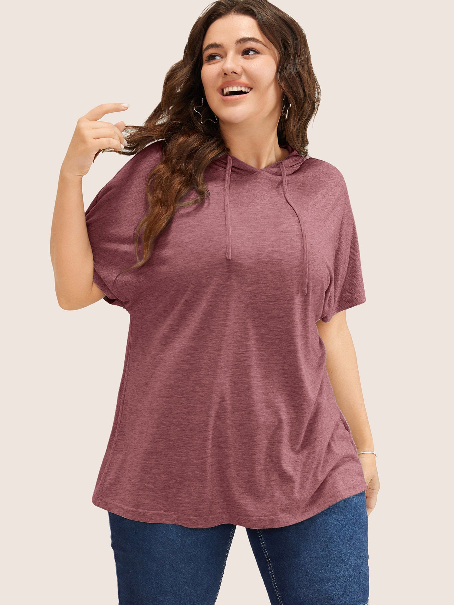 

Plus Size Solid Batwing Sleeve Drawstring Hooded T-shirt Russet Women Casual Drawstring Plain Hooded Everyday T-shirts BloomChic