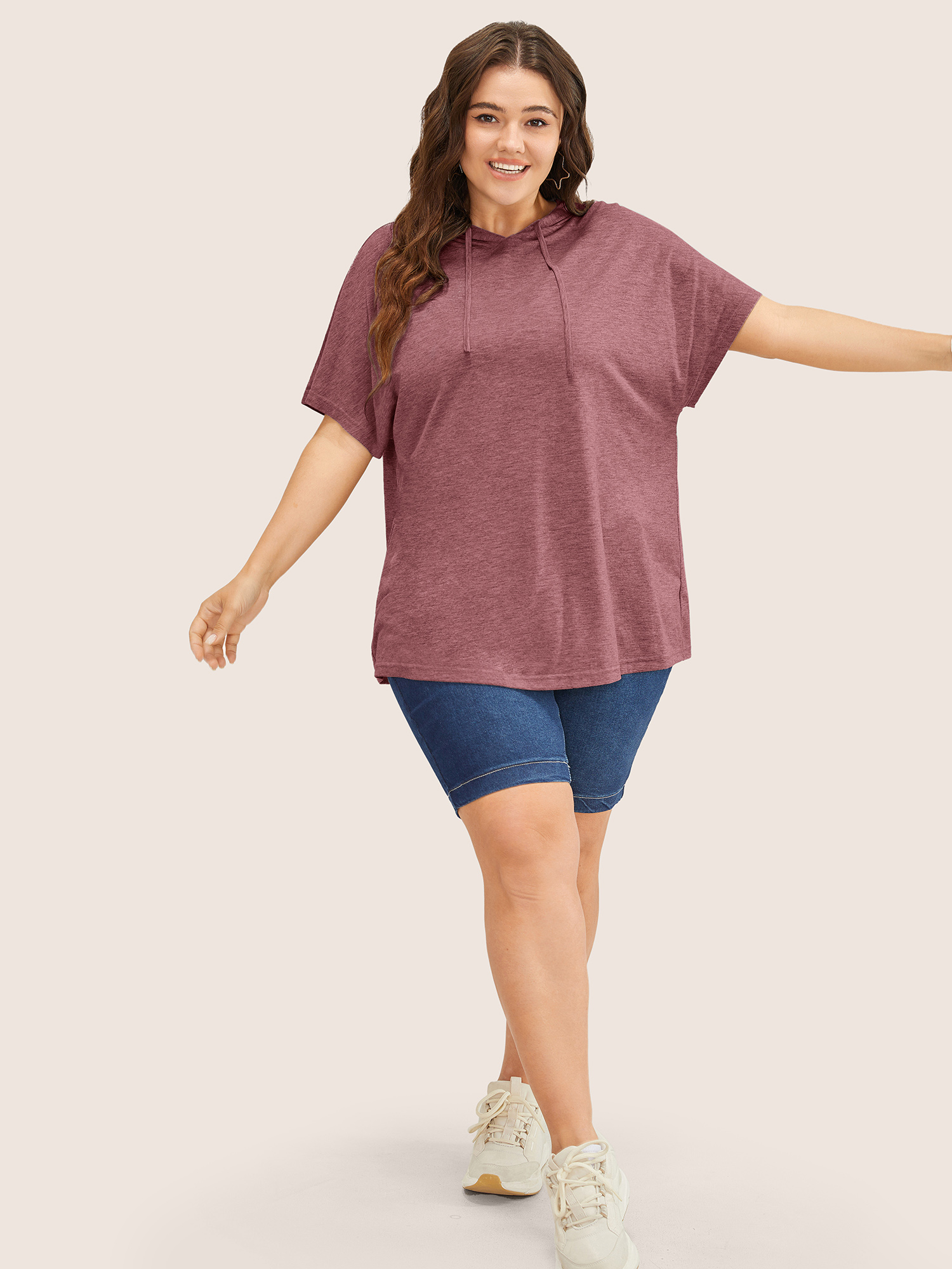 Plus Size Solid Batwing Sleeve Drawstring Hooded T-shirt Russet Women Casual Drawstring Plain Hooded Everyday T-shirts BloomChic 26/4X 